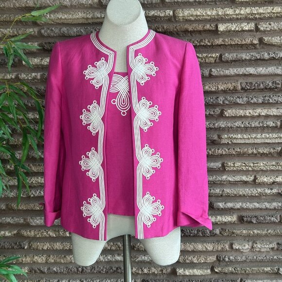 Kasper Bright Pink White Linen Blend Embroidered Scroll Jacket and Shell Outfit - Picture 12 of 12